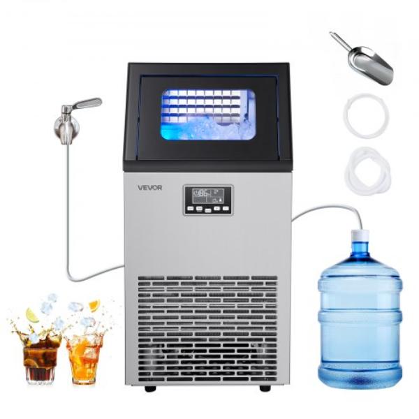 Picture of Vevor SYYTSFBZBJX2PWUUX001V1 Commercial Ice Maker Machine - 120 lbs per 24 Hour - 28 lbs Storage - 45 Cubes per Cycle - Stainless Steel - Freestanding & Under Counter - LED Display - Self-Cleaning