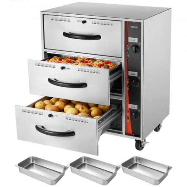 Picture of Vevor BWCTDLSBZX3G3CX5S001V1 Commercial Electric Drawer Warmer - Three-Drawer Stainless Steel Food Warmer - Freestanding Standard Warming Drawer Cabinet - 85 deg F-185 deg F Wide Temperature Range