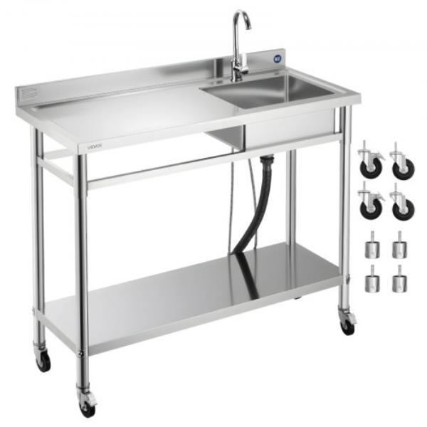 Picture of Vevor DSCDGZT120CMXH2J6001V0 Stainless Steel Utility Sink - Rolling Single Bowl Commercial Kitchen Sink with Wheels - 47.2 x 19.7 x 41.5 in.