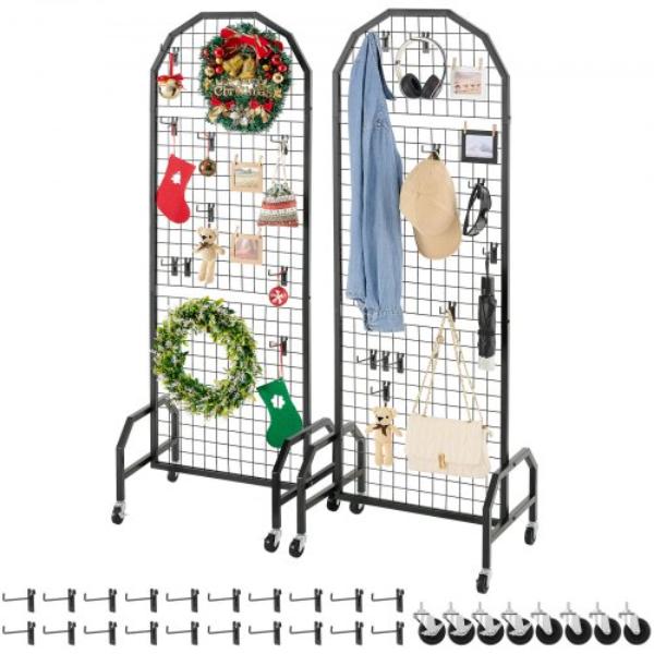 Grid Wall Panels - 1.9 x 5.4 ft. Wire Grid Panels Display Rack - Movable Art Display Shelf with Wheels - Black Carbon Steel Gridwall - Pack of 2