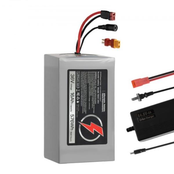 36V Electric Scooter Battery - 16Ah Lithium Battery Pack with 30A BMS - Charger - T-Plug Expansion Cable - 500 Plus Cycles with 2880W Motors