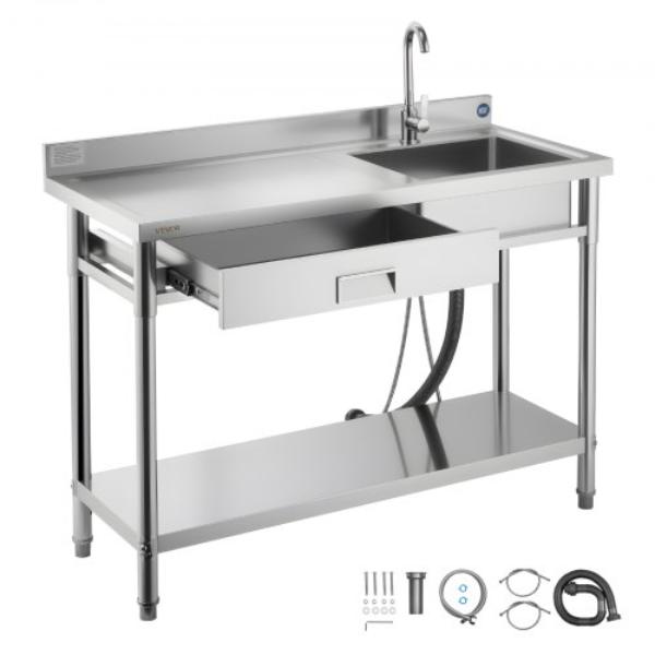 Picture of Vevor DSCDGZT120CMNFORS001V0 Stainless Steel Utility Sink - Rolling Single Bowl Commercial Kitchen Sink with Drawer for Garage - Restaurant - Laundry - 47.2 x 19.7 x 37 in.