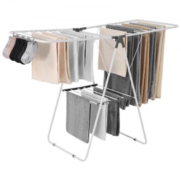 Clothes Drying Rack - 2-Tier Foldable Laundry Dryer Rack - White - 21 Drying Rods - Metal Height Adjustable - Free-Standing & Space-Saving Hanger