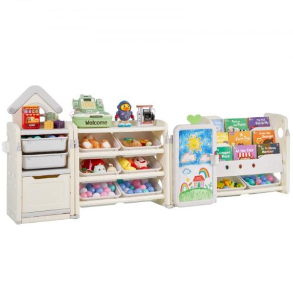 Kids Toy Storage - 4-Tier Organizer with 10 Bins - Bookshelf & Drawing Board for Study Room - Playroom - Classroom - Nursery, Beige & Gray