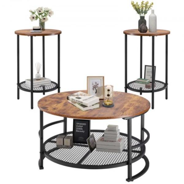 Round Coffee Table Sets - 31.5 in. Industrial Living Room Table with 2 End Side Tables - Easy Assembly with Metal Legs - 3 Piece