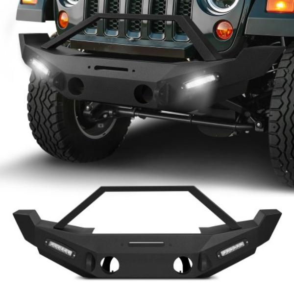 Front Bumper for 2007-2018 Wrangler JK-JKU - Heavy-Duty Steel - LED Light Bars - Winch Plate - Fog Light Housing - D-Ring Mounts - 2 Piece