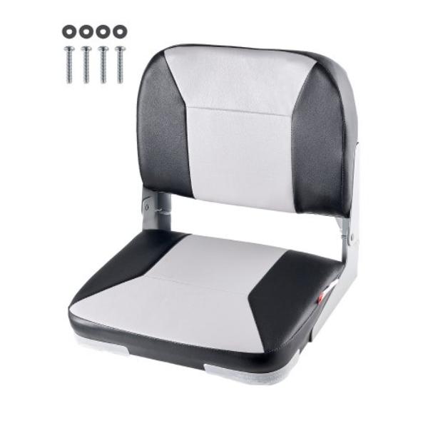 Boat Seat - Low Backrest - Folding Fishing Boat Seat - Black & Grey - Thickened Sponge Cushion - Waterproof PVC Leather - Aluminum Alloy Hinges