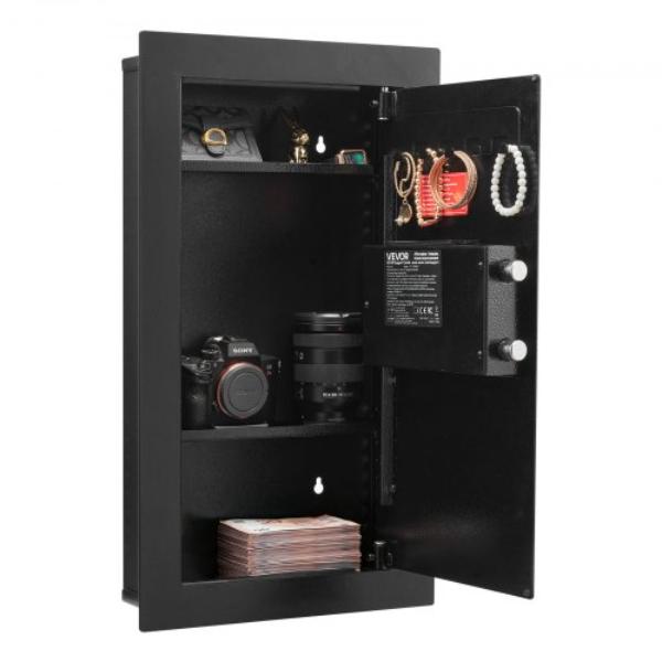 Wall Safe - 3-Tier Hidden Wall Mounted Safe - Black - Q235 Cold-Rolled Steel - LED Lighting - 2 Adjustable Shelves - 5 Key Holders