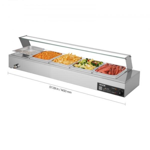 Picture of Vevor SYSPBWQ512FSYJRA5001V1 Commercial Food Warmer - 1500W Electric Stainless Steel Steam Food Warmer with Glass Cover - Countertop Buffet Bain Marie with Five 0.5 Size Food Pans