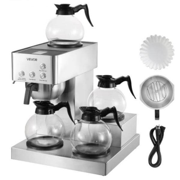 Picture of Vevor BLHSYMSKFJJXTVASK001V1 Commercial Drip Coffee Maker - 12 Cups - Stainless Steel - 4 Glass Carafes - 4 Decanter Warmer Plates for Restaurant - Office - Coffee Shop & Home