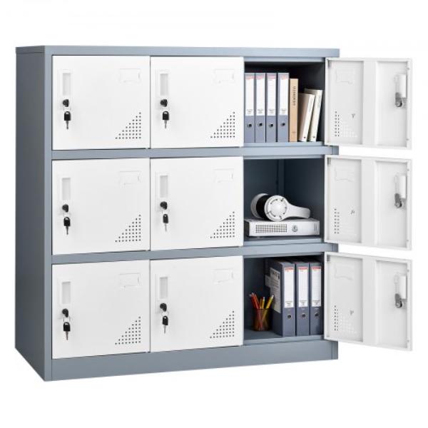 9 Doors Metal Locker - Lockable Steel Storage Cabinet - Gray - 66 lbs Loading - 3 Tiers Employee Lockers for Office - School - Gym - Easy Assembly