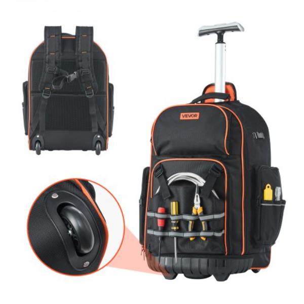 Rolling Tool Backpack - 110 lbs Load - 72 Pockets Heavy Duty Roller Tool Bag on Wheels - Adjustable Telescoping Handle - Stable Base