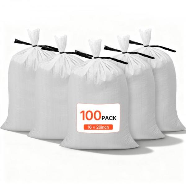Empty Sandbags - 16 x 26 in. - Heavy Duty Sand Bags with Ties - 50 lbs - Woven Polypropylene - Tear-Resistant - UV-Resistant - Pack of 100