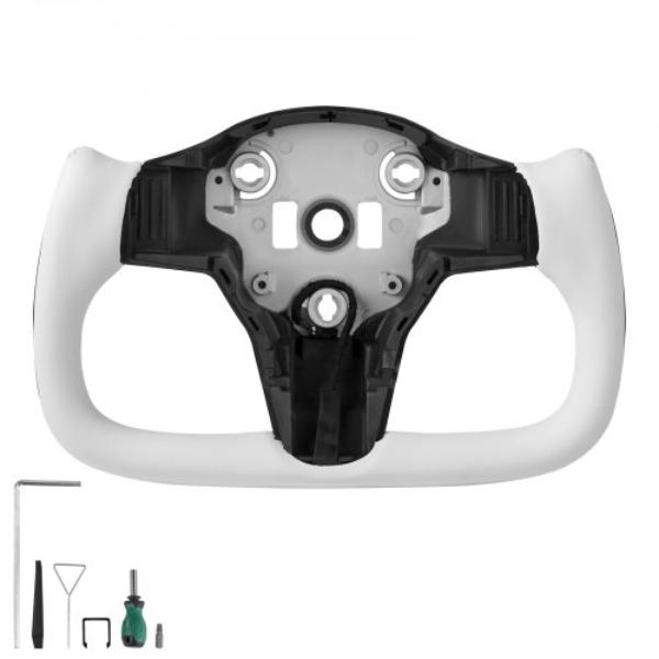 QCFXPZYTSL3286SO4001V9 Steering Wheel - Carbon Fiber D-Shaped Flat-Bottom - Heating Function - Leather Grip for 2016-2023 Tesla Model 3 - White