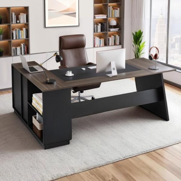 L-Shaped Executive Desk - Large Modern Office Table with Drawers & Storage Cabinet - Heavy Duty Wooden Table - Brown & Black - 350 lbs