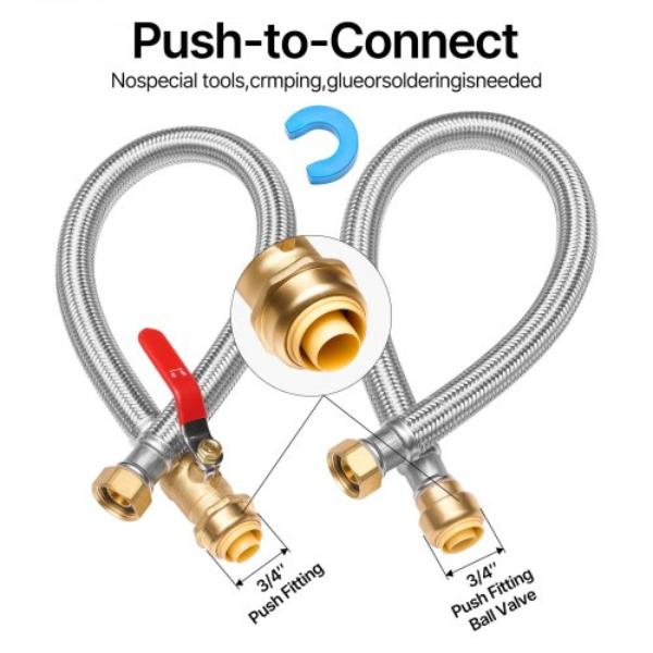 Water Heater Kit - Push-Fit Valve Flexible Water Heater Connector - 0.75 in. FIP x 0.75 in. PTC Ball Valve - Stainless Steel Braided Supply Line
