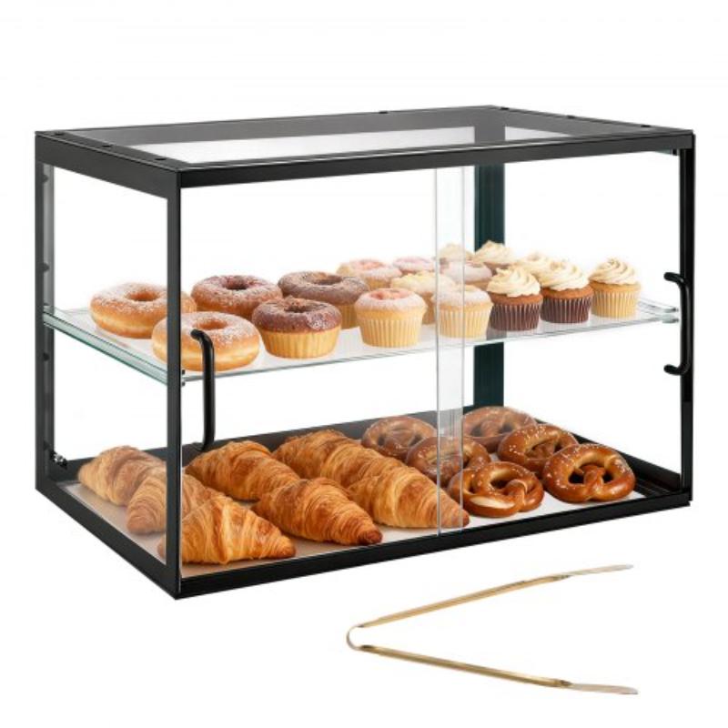 Picture of Vevor MBZSJYKLJX2C29OHP001V0 2-Tier Commercial Countertop Pastry Bakery Display Case - Party Cake Cabinet with Sliding Door for Cookie Dessert Donut, 21.7 x 15.2 x 15.4 in.