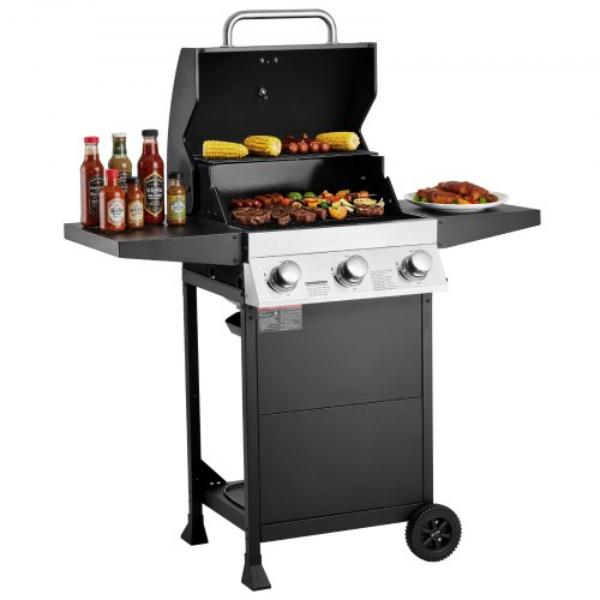 Gas Grill - 3 Burner Propane - 338 sq. in. Grilling Area - 36000 BTU - Carbon Steel - Outdoor BBQ Grill with Foldable Side Shelves