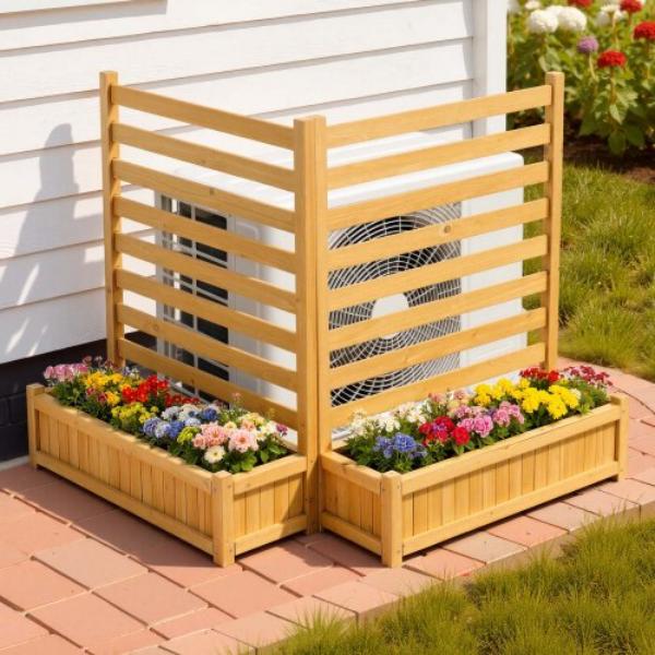 Wooden Privacy Fence - 36 x 45 in. Air Conditioner Fence - 2 Slatted Panel Solid Outdoor Wood Privacy Screen with 2 Planters for Garden - Pool
