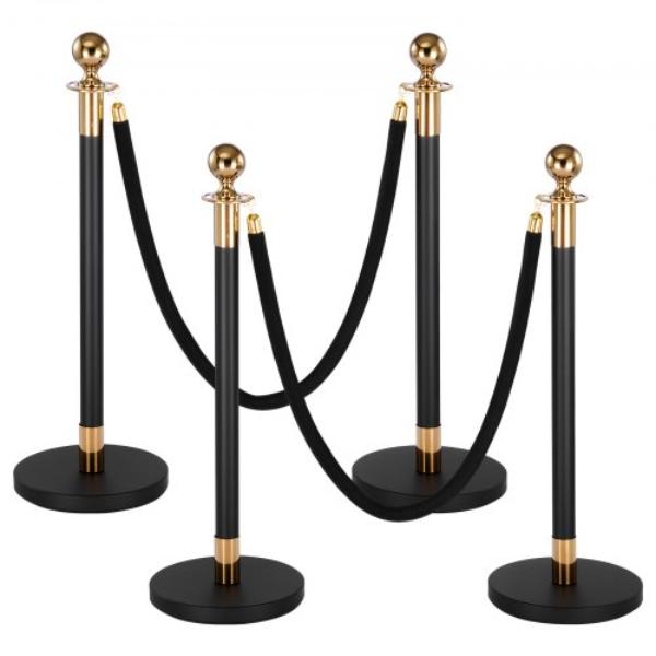 QTGLZDSDHSHRSQ36L001V0 Stanchion Post - Crowd Control Barrier Set with 2 Black Velvet Ropes - Heavy Duty Stainless Steel - Black - 4 Piece