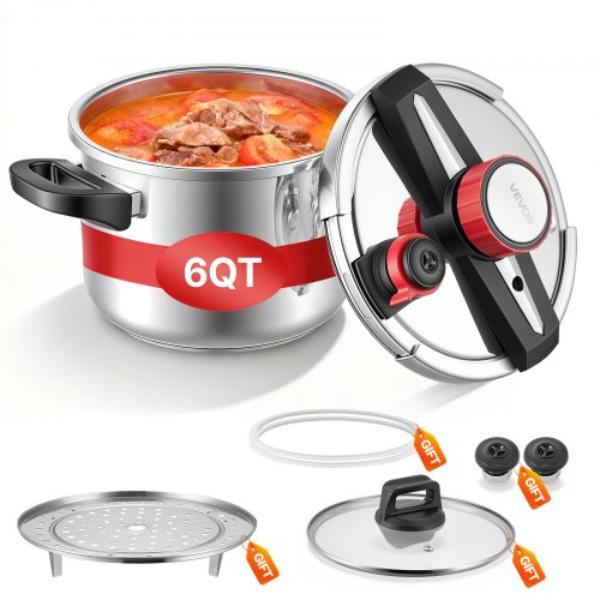 Picture of Vevor LZYLGBXGSBSKGE7JV001V0 Pressure Cooker - 6.3 qt. Stainless Steel - Pressure Canner with Steaming Rack - Tempered Glass Lid - Three Pressure Settings
