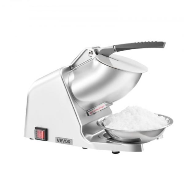 Picture of Vevor SBJXXKYS286LVCVQG001V1 Ice Crusher Machine - 286 lbs Per Hour Electric 4 Blades Snow Cone Maker - Stainless Steel Shaved Ice Machine - 300W 2000RPM for Home & Commercial Use - Silver