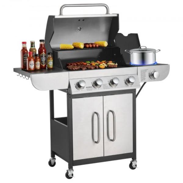 Gas Grill - 4 Burner Propane Gas Grill - 425 sq. in. Grilling Area - Carbon Steel Enamel Grates - 52000 BTU - Outdoor BBQ Grill - Stainless Steel