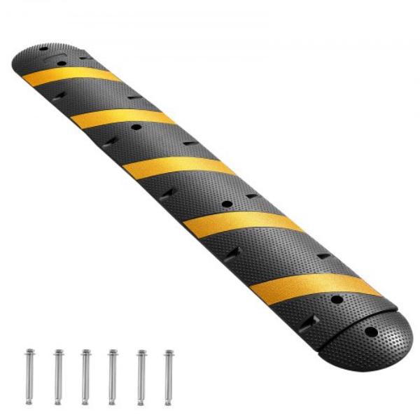 6 ft. Rubber Speed Bump - 2 Channel - Heavy Duty Traffic Speed Hump - 22000 lbs per Axle Load - 72 in. Cable Protector Ramp - Black & Yellow
