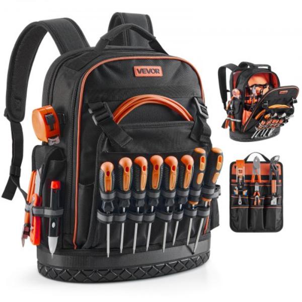 Tool Backpack - 64 Pockets - Heavy-Duty Tools Storage Organizer - Work Bags with Laptop Compartment & Molded Base -Black & Orange