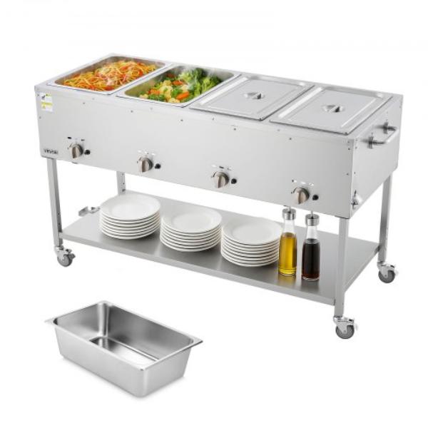 Picture of Vevor RQZQZLDKDLKZDWZF6001V0 4-Pan Commercial Propane Steam Table - Liquid Propane Gas Outdoor Soup Warmer - Stainless Steel Food Warmer with Independent Temp Control - 3 in. Wheels
