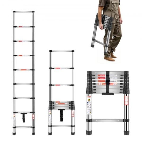 Telescoping Ladder - 8.5 ft. Stainless Steel Lightweight Extension Ladder - 330 lbs - Portable 9-Step Ladders for Home - RV - Loft