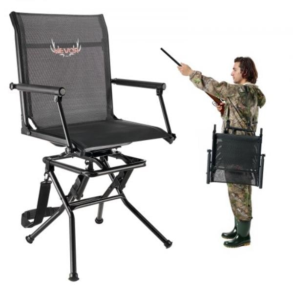 Hunting Chair - 360 deg Silent Swivel - Foldable Lightweight Portable Blind Chair - Heavy-Duty Steel Frame Ground Stool Seat - 300 lbs