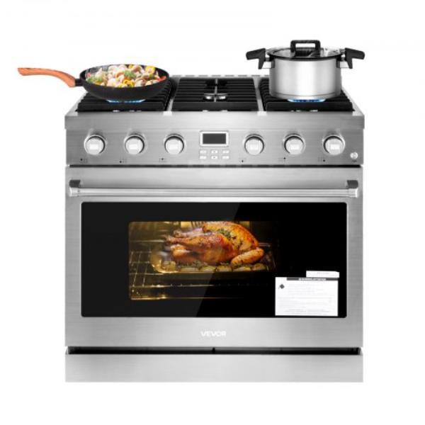 Picture of Vevor LSRQKXRQKX36310AL001V1 Gas Range Oven - 35.9 in. Width - Freestanding Stainless Steel Stove & Oven with 6 Sealed Cooktop Burners - 6 cu. ft.