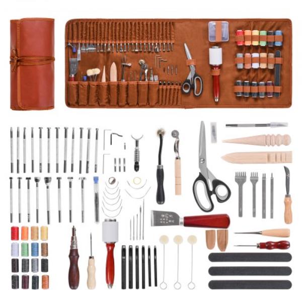 Leather Working Tools Kit - Leather Craft Tools - Portable Leather Storage Bag - Engraving Punching Sewing Stamping Sanding Tools - 92 Piece