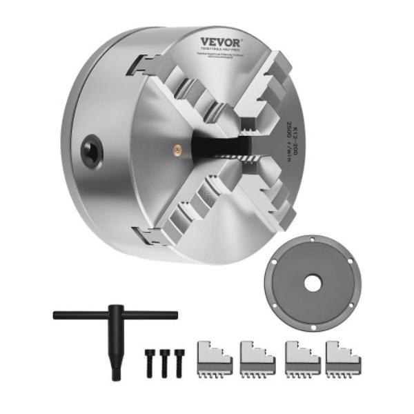 4-Jaw Lathe Chuck - 8 in. Self-Centering with 1.5 in. 8 Threaded Backing Plate - Clamping Range 0.16-7.87 in. T-Wrench Screws HT300 Material