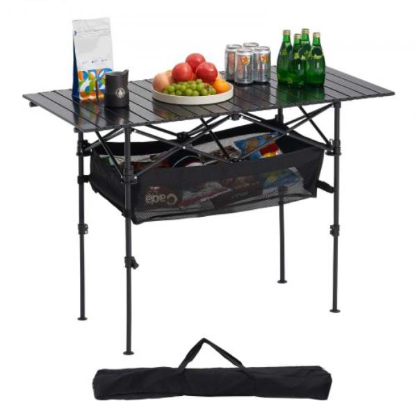 LBKHWZDZ46YCPPT54001V0 Folding Camping Table - Portable Roll Up Side Tables - Lightweight Aluminum Beach Table - Adjustable Height - Black