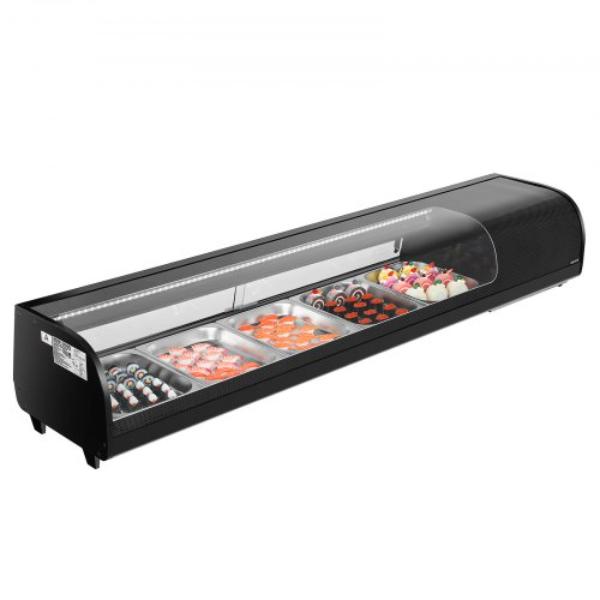Picture of Vevor LZSSZSJTSYX1MCA9I001V1 Sushi Display Case Refrigerator - 2.9 cu. ft. Commercial Sushi Case - 5-Pan Countertop Showcase with Curved Glass - LED Lighting - Digital Temperature Control