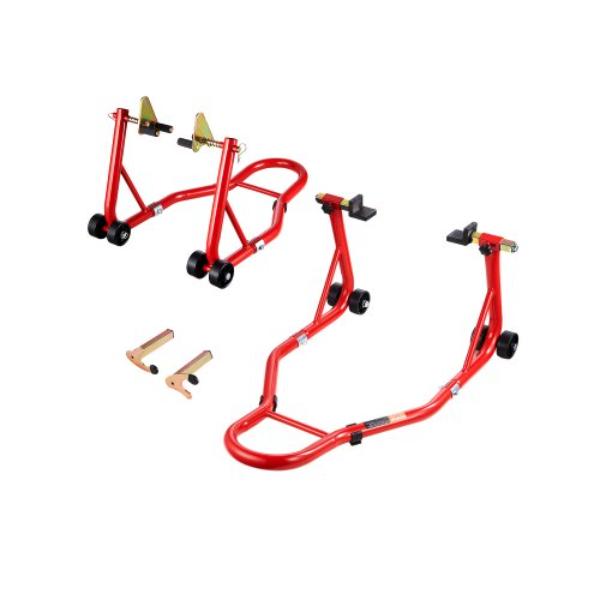Motorcycle Stand Lift - 850 lbs Front Rear Combo Stand Lift - Front Wheel Dual-Fork Stand - Rear U-L Fork Swingarm Spool Stand - Red