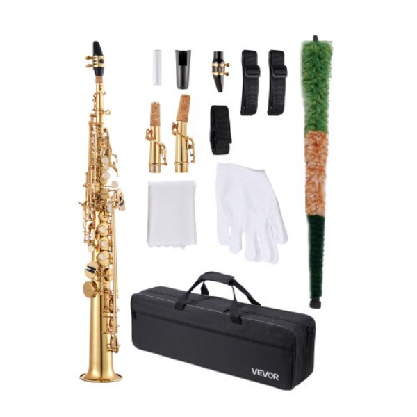 ZGSKSGYJBDJSST1KC001V0 B Flat Brass Straight Soprano Saxophone Beginner Kit with Carrying Case - Gold
