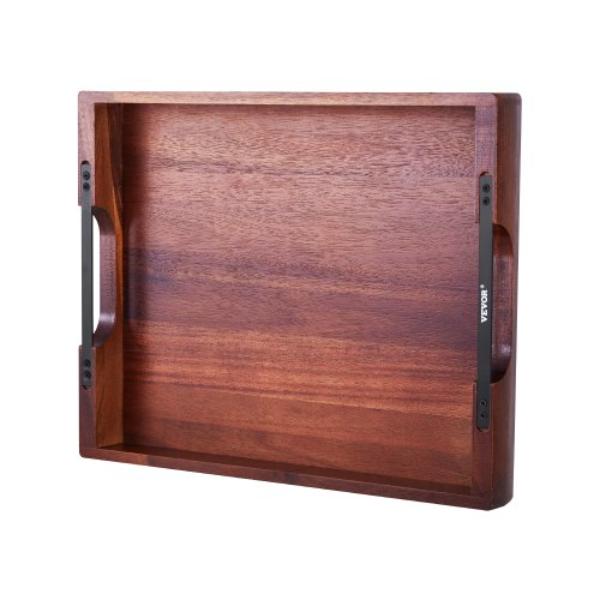 Picture of Vevor QPFWTPYPPMDHIO8B8V0 Acacia Wooden Serving Tray - Decorative Rustic Platter with Handles for Breakfast - Lunch - Kitchen - Living Room - Coffee Table - Party - Couch, Dark Walnut & Black