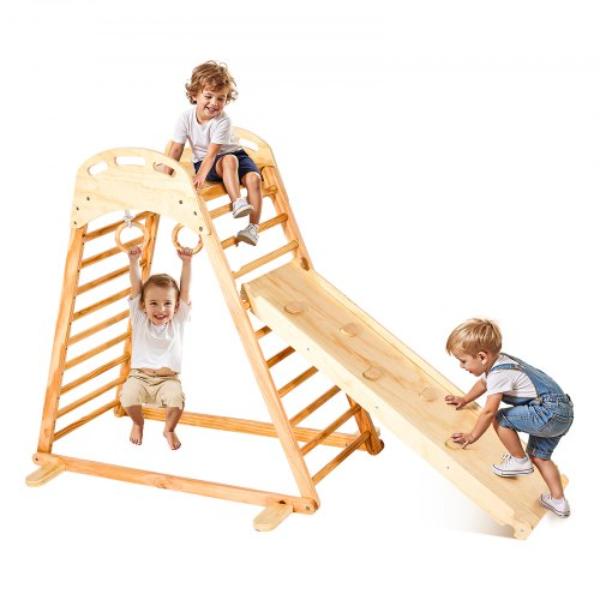 SNYLCMYMS4H1S4AC8001V0 4-in-1 Indoor Playground Jungle Gym - Wooden Climbing Toys for Kids - Original Wood Color - 220 lbs Loading