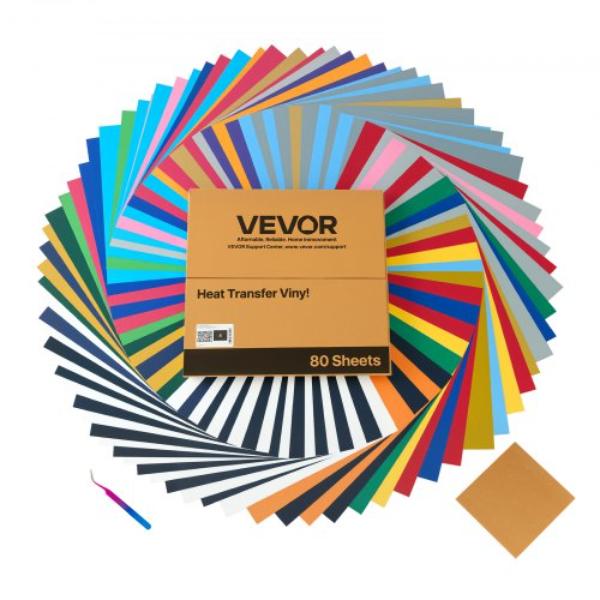 Heat Transfer Vinyl - 12 x 12 in. - Assorted Color - HTV Iron on Vinyl Bundle - Easy to Cut & Weed with Cutting Machines - T-Shirts - Pack of 80