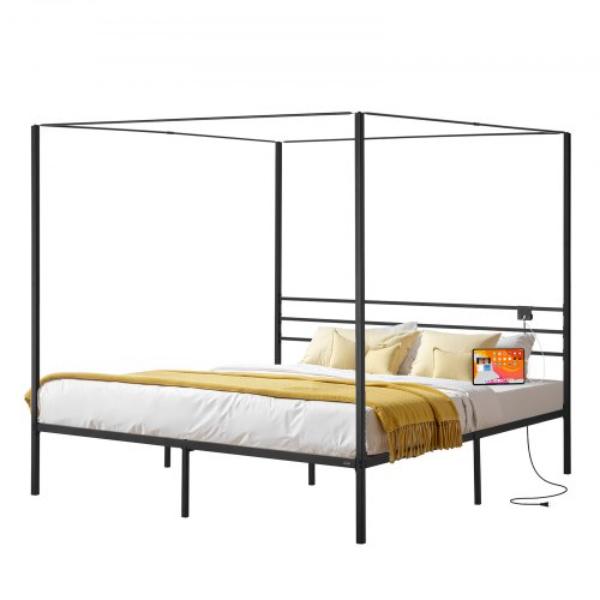 King Size Canopy Bed Frame - Metal Canopy Bed with Charging Station - Heavy Duty Steel Slats Support - Underbed Storage Space - Black