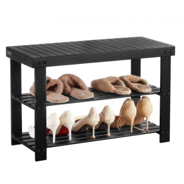 XGXD276INCH3Y7KTQ001V0 Shoe Rack Bench - 3-Tier Bamboo Entryway Bench - Shoe Storage Organizer - Black - Holds Up to 286 lbs - 27.6 x 11.3 x 17.8 in.