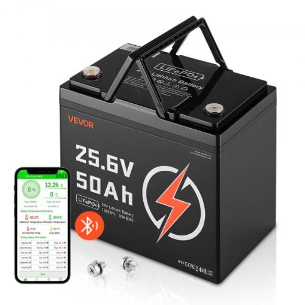 24V 50Ah LiFePO4 Lithium Battery - Bluetooth - Deep Cycle - Rechargeable - Built-in 30A BMS - Low Temp Protection - 4000 Plus Cycles - Max 1280Wh