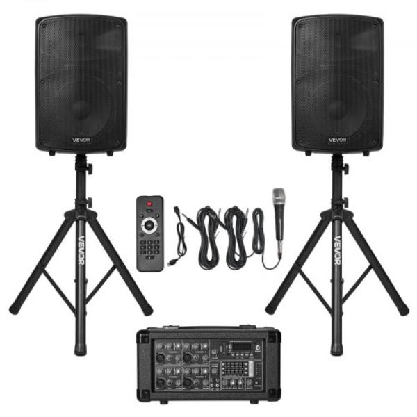 Professional PA System - 800W Powered Sound System Set with 6 Channel Mixer - Dual Speakers - Compact Stands - USB SD XLR Inputs - Remote Control