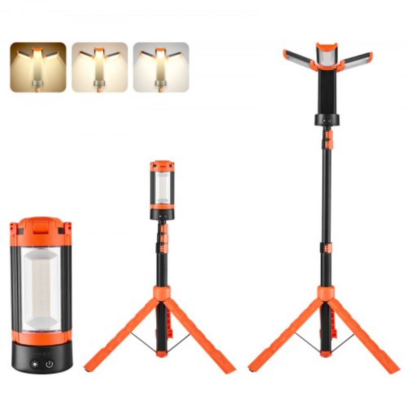 LED Work Light with Stand - 8Ah - Rechargeable Cordless Camping Light with 3 Lamp Heads - Detachable Tripod Stand - 2200 Lumens 3000K-6500K Dimmable