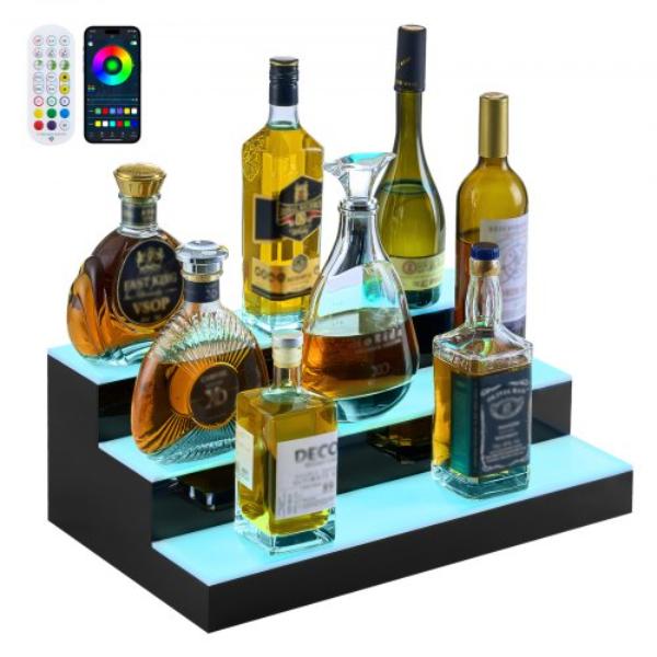 LED Lighted Liquor Bottle Display - 3 Tiers - 20 in. - Whiskey Rack - Illuminated Home Bar Shelf - RF Remote & App Control for 15 Bottles