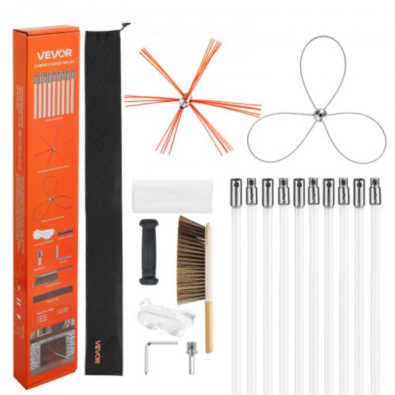 Chimney Sweep Kit - 33 ft. Maximum Extendable Length Chimney Brush - Chimney Cleaner Sweeper with Dual Brush Heads - Brush & Goggles