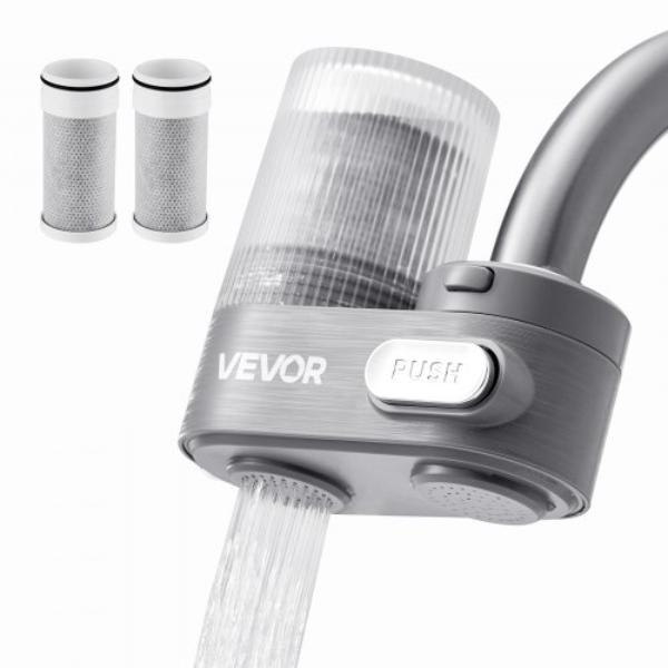 Picture of Vevor QJGSKWSLTLSQCLTAW002V0 Faucet Mount Water Filter - Vertical Water Purifier - Carbon Fiber Filter - Removes Chlorine Lead - 3 Filters for Most Kitchen or Bathroom Faucets - Gray
